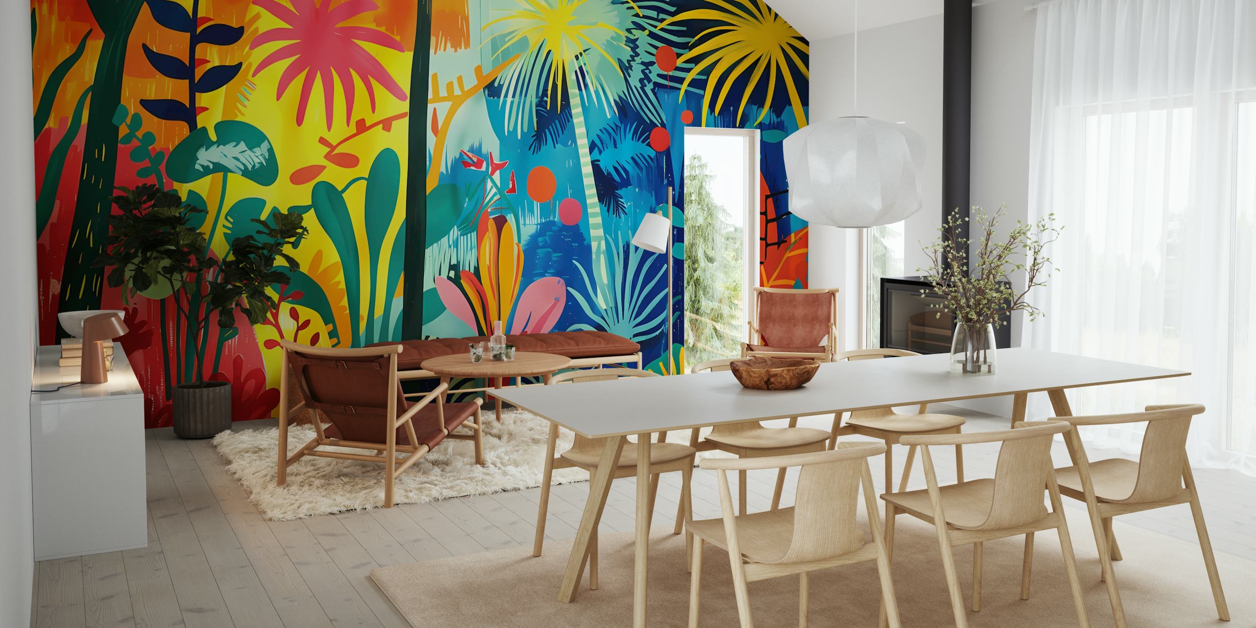 Fargerikt tropisk veggmaleri med kunstneriske blomster- og palmebladdesign